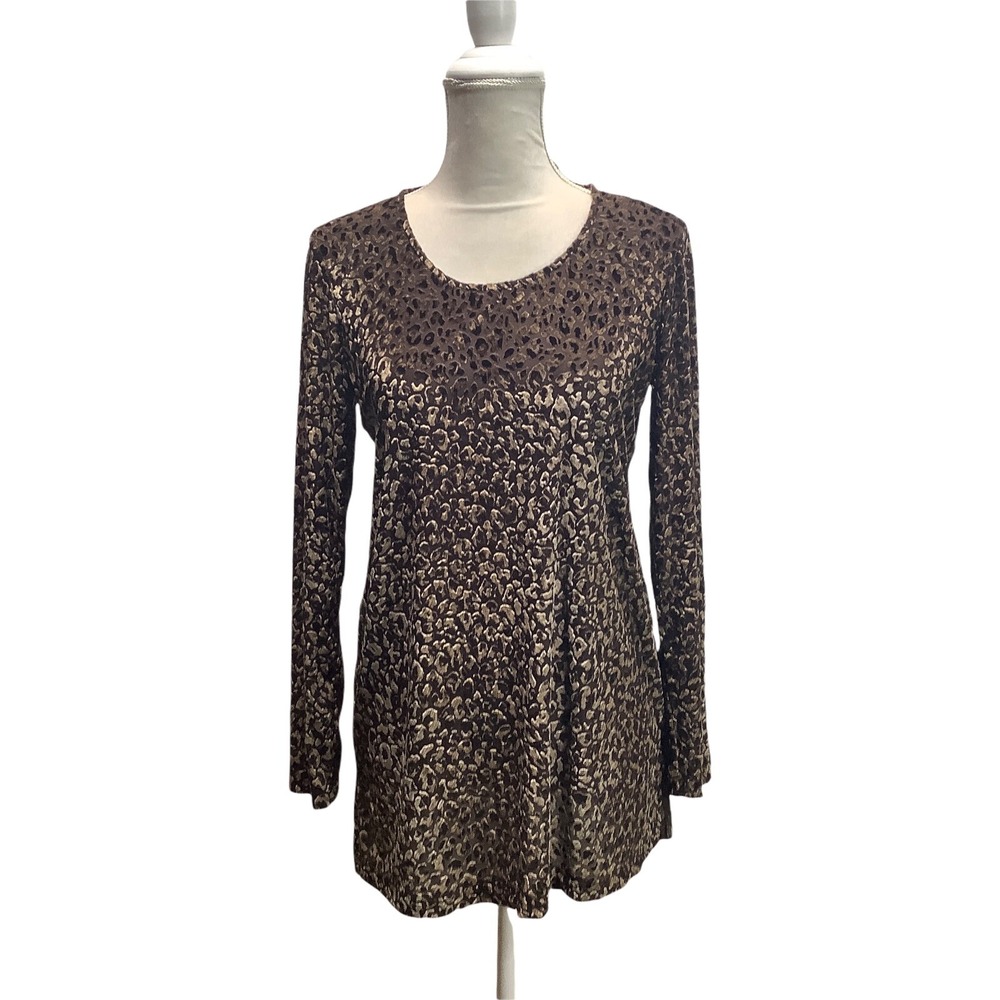 Chicos Design Top size 1 Sz Medium Textured‎ Fabric Brown Gold Print Long Sleeve